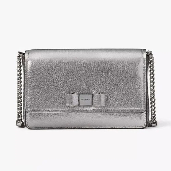NWT Kate Spade Bag Silver Leather Morgan Bow Chain Wallet - Picture 1 of 4